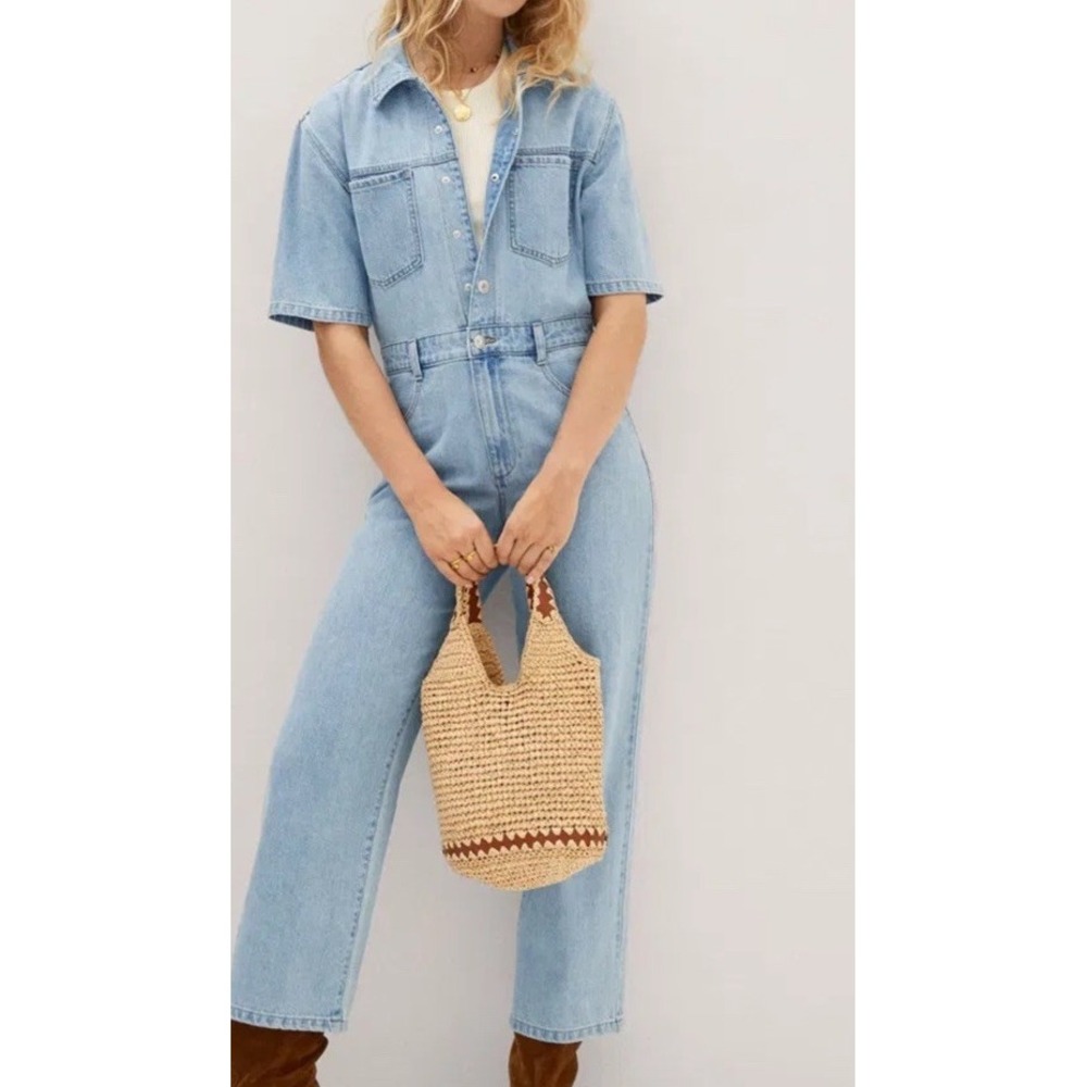 Mango Women's Light Wash Denim Jumpsuit Sz S Short Sleeve Straight Pockets